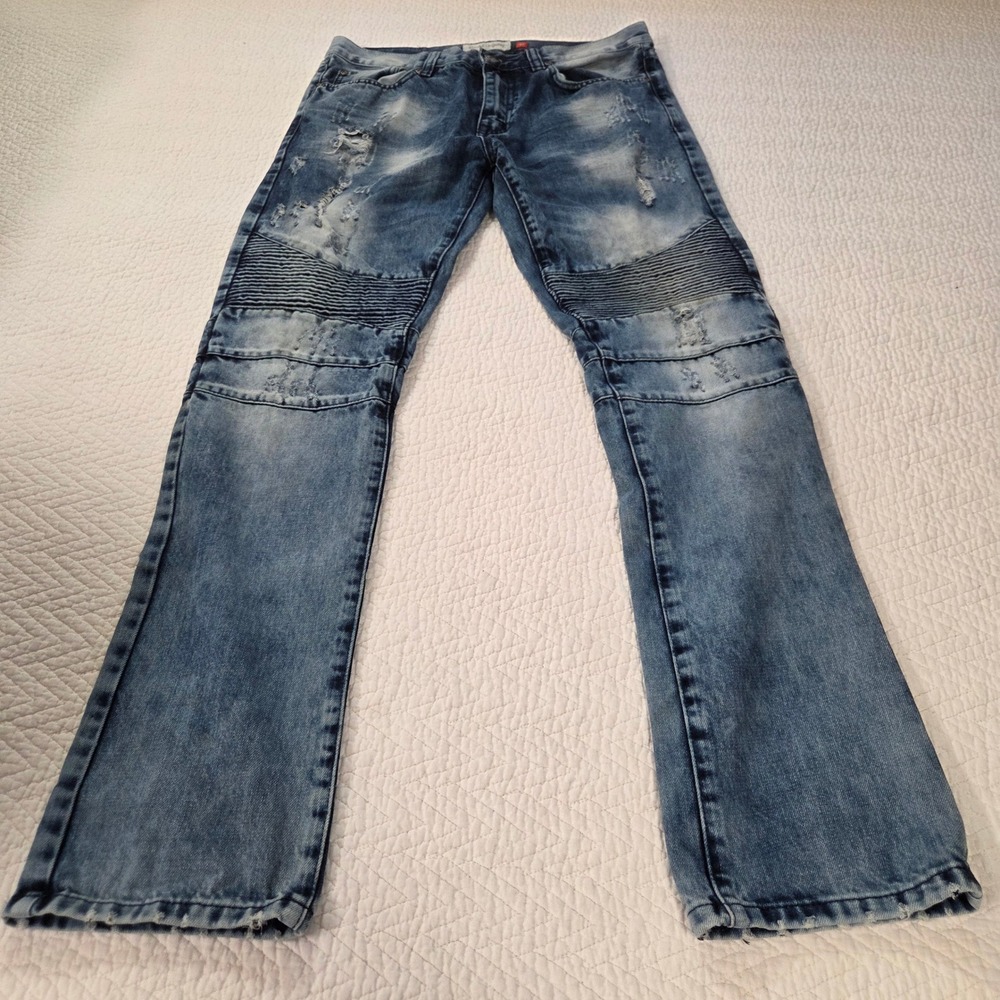 Mens Moto Biker Jeans Blue‎ Distressed Acid Wash Size 32 Slim